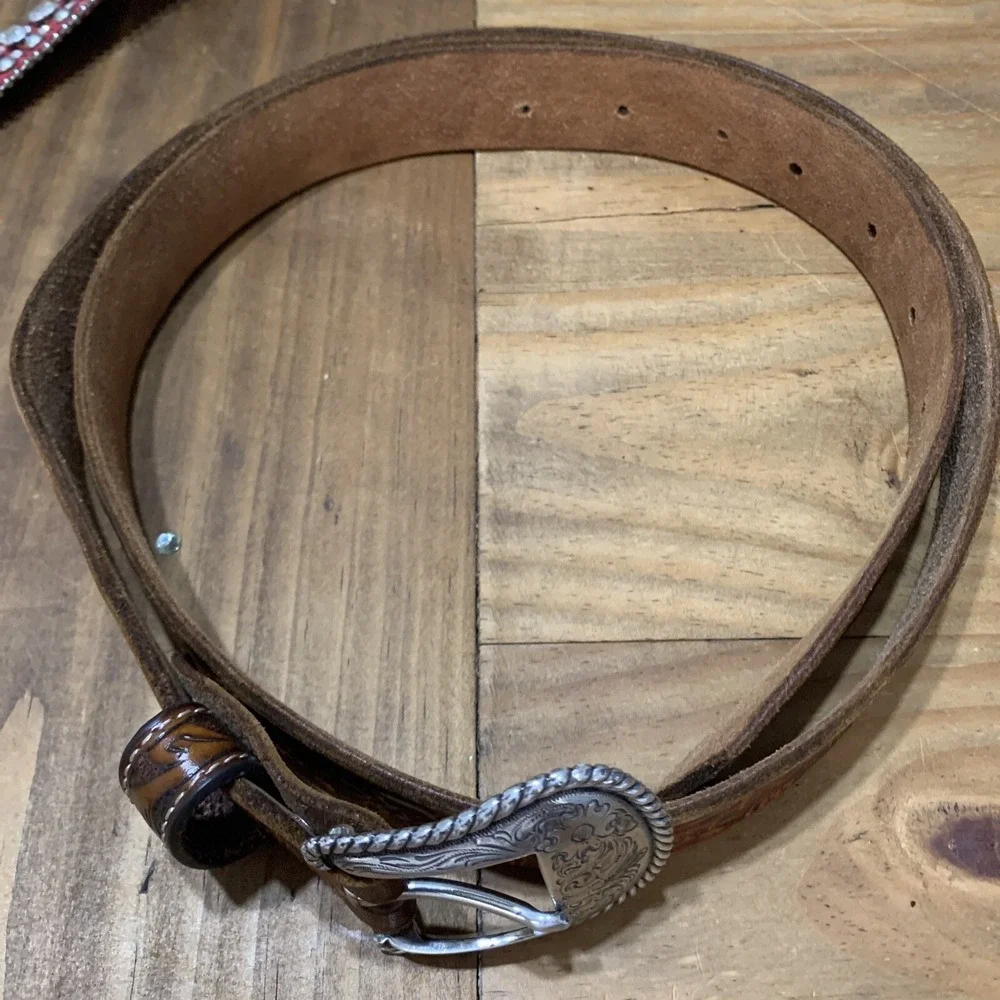 Western Hand Tooled Leather Belt Deer Antler Mountain Theme Buckle 41-48